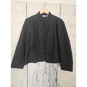 Chicos Black Quilted Embroidered Mandarin Collar Jacket Size 2 Large Toggle
